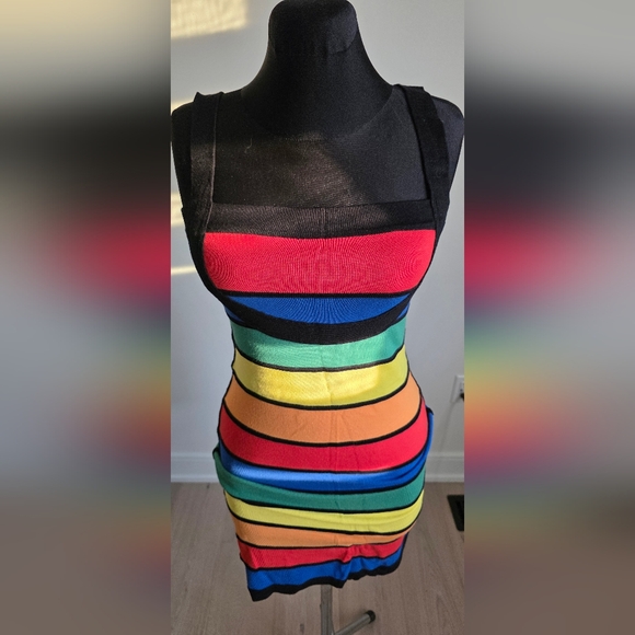 Yuka Colorful Striped Colorblock Bodycon Mini Dress , S - Picture 5 of 8